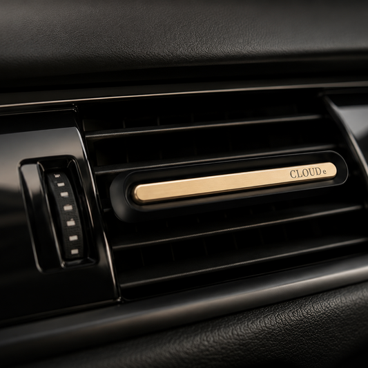 CLOUDe Scent car fragrance diffuser clipped to car air vent, gold aluminum bar, luxury alternative to car air fresheners